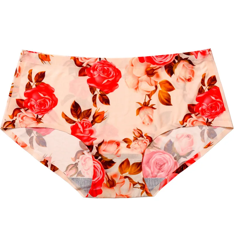 

2021 new product hot sale ultra-thin seamless ice silk floral underwear women's mid-waist plus size printing thong women