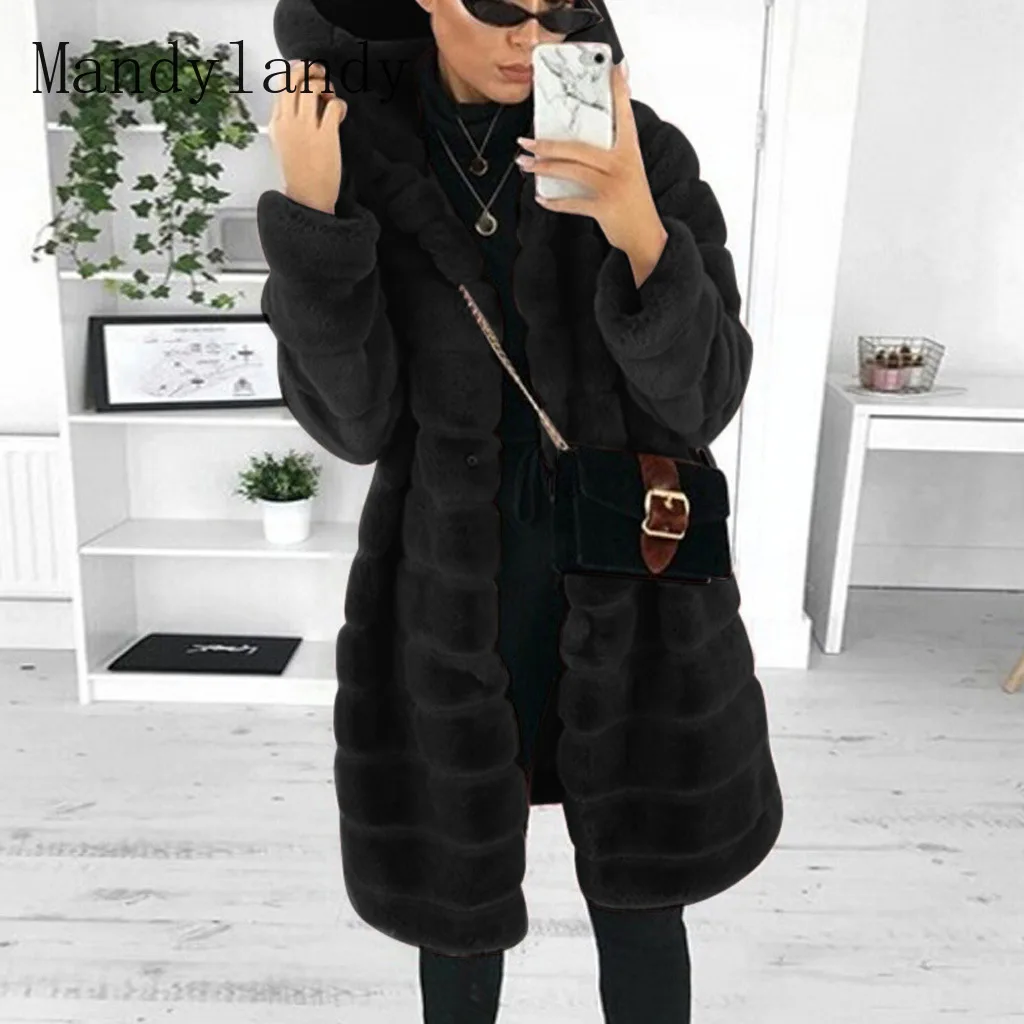 

Mandylandy Plush Warm Coat Winter Long Sleeve Cardigan Hooded Turn-down Collar Faux Fur Coat Women's Solid Stitching Loose Coat