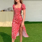 Женское винтажное вечернее платье, платье средней длины в французском стиле с цветочным принтом, квадратным вырезом и разрезом сбоку, Y2K, лето 2021
