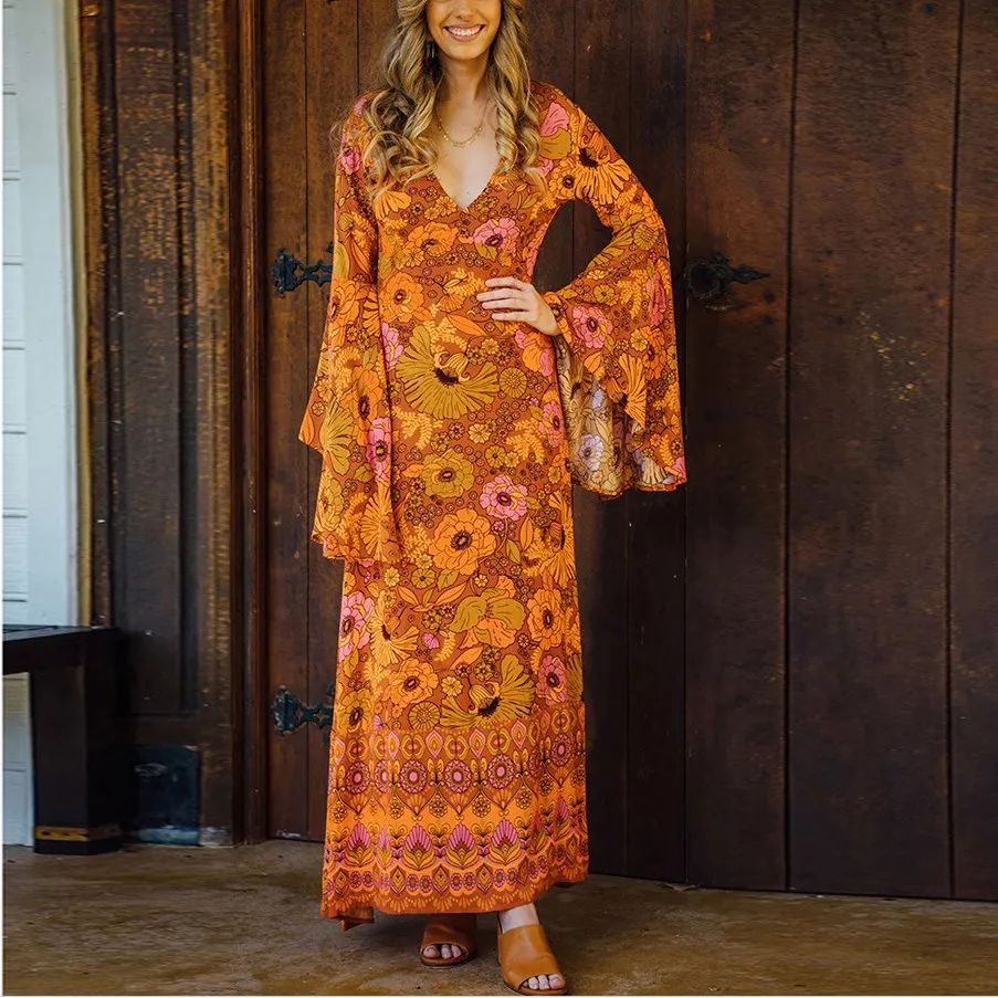 Элегантное женское платье винтажное макси с v образным вырезом длинные платья