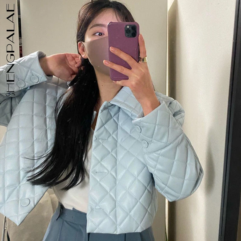 

SHENGPALAE Fashion Diamond Check Cotton Padded Jacket Women's Winter 2021 New Lapel Loose Single Breasted Long Sleeve Short Coat