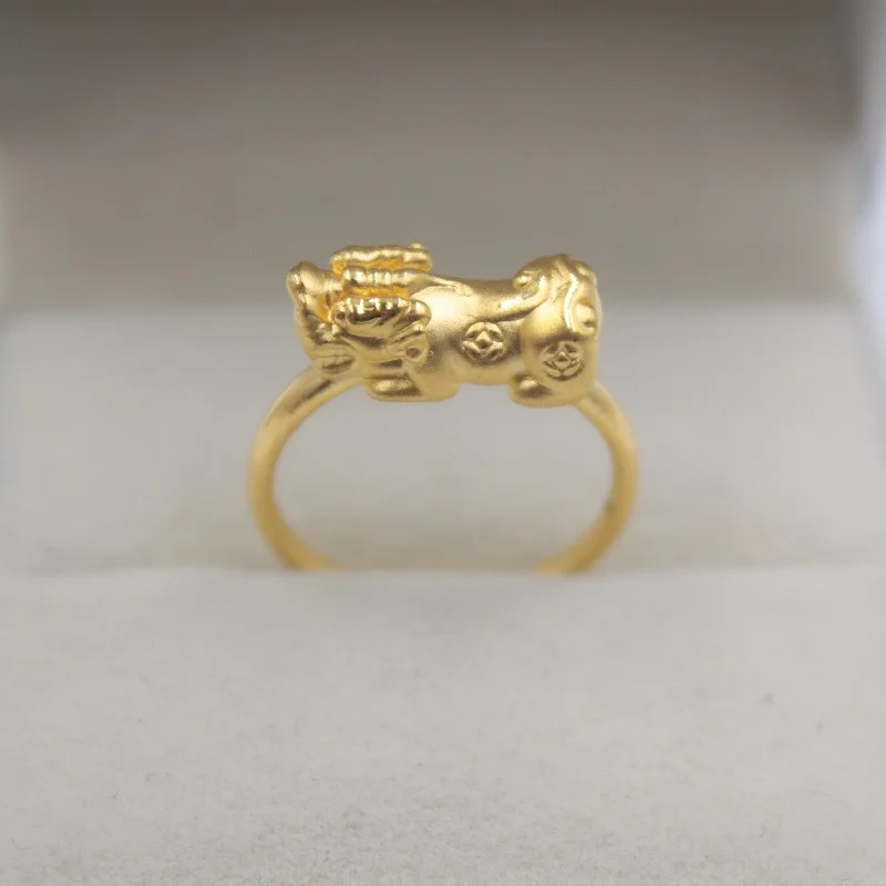 

New Arrival Pure 999 24K Yellow Gold Ring Women 3D Luck Coin Pixiu Band Ring US7.5 / 1.5-2g