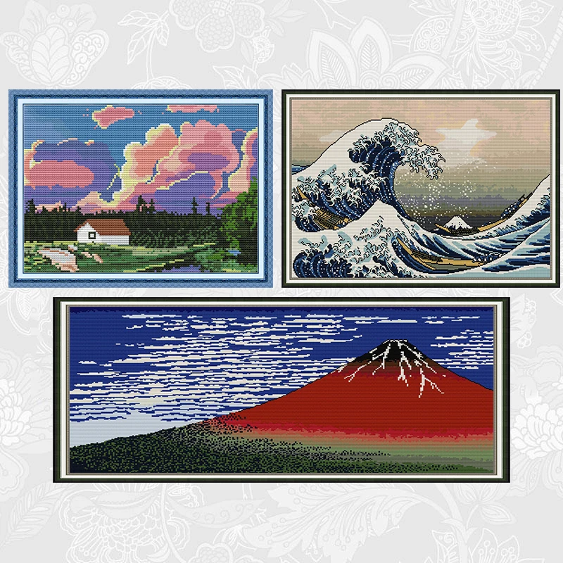 

Colorful Clouds and Great Waves Cross Stitch Kits 14CT Printed Canvas 11CT Fabric Stitching Embroidery DIY Needlework Crafts