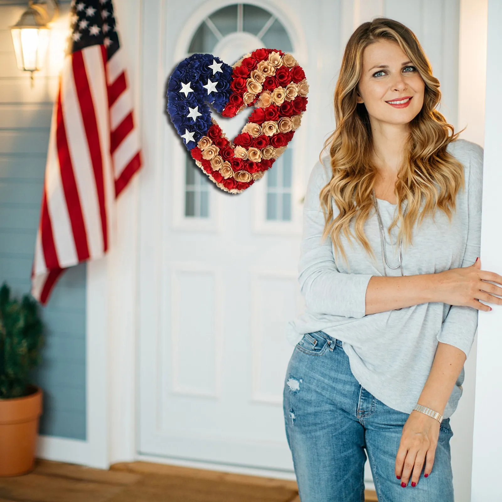 

IN STOCK American US National Day Independence Day Flag five pointed star flower wreath pendant party garland front door Garland