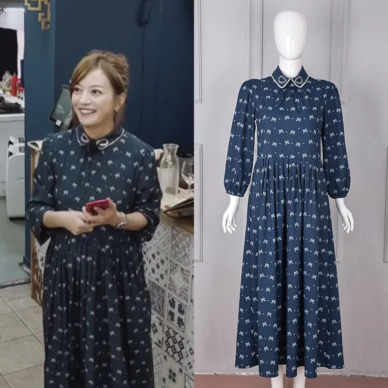 2018 new autumn Chinese restaurant Zhao Wei same bow print dress detachable collar fashion | Женская одежда