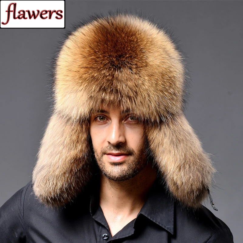 

New Men Outdoor Windproof Winter Natural Real Fox Fur Bombers Hats Quality Raccoon Fur Cap Man Luxury Real Sheepskin Leather Hat