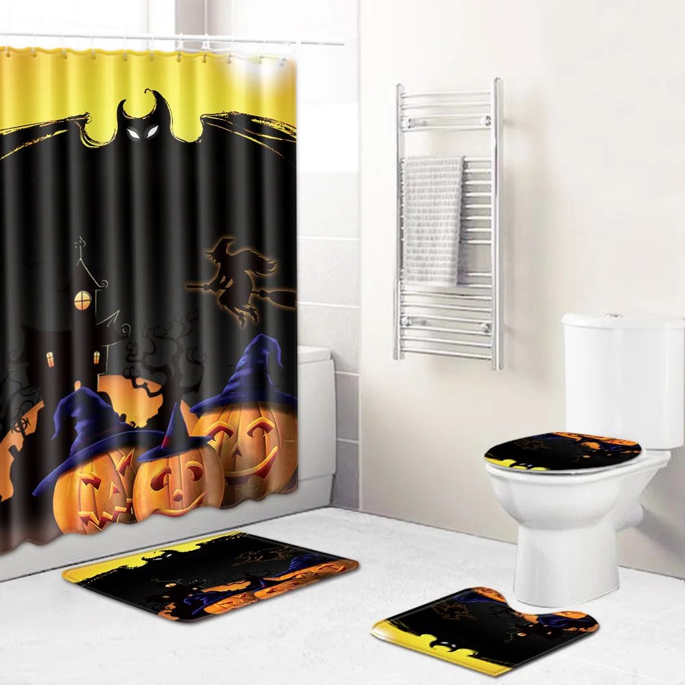 

WUJIE Holloween Bath Curtain Bathroom Waterproof Shower Curtain with 12 Hooks Non-Slip Rug 4PCS Bathroom Toliet Cover Mat Set