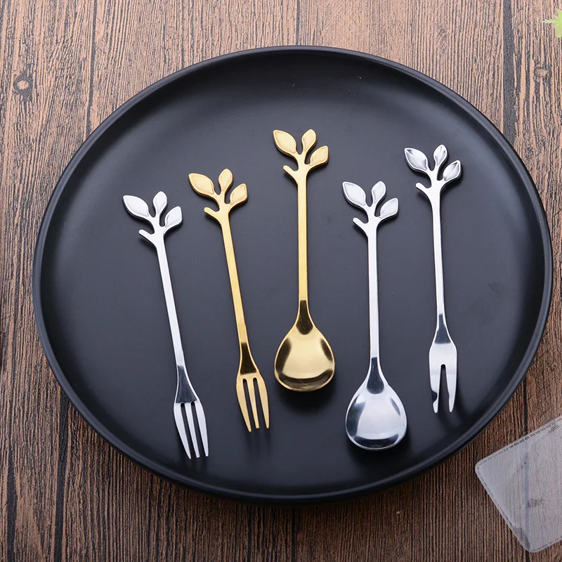 Golden Silver Leaf Spoon Stainless Steel Coffee Spoon Coffee Mixing Spoon Northern Europe Custom Gift Creative Branch Spoon