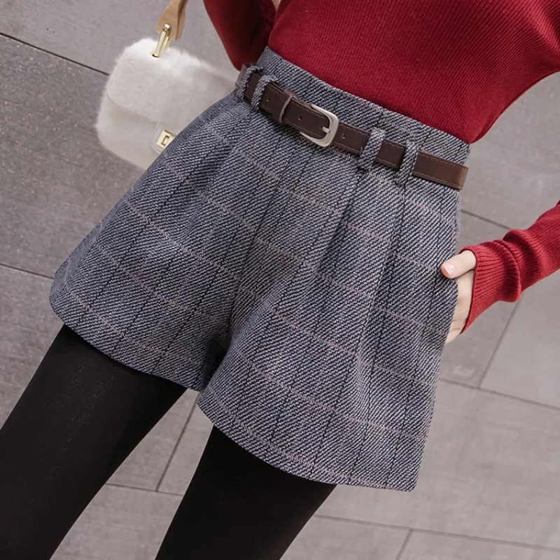 

Woolen Shorts Autumn Winter New Fashion High Waist Wide-leg Shorts Womens Casual Plaid Wool Bottoms Femme Boots Shorts