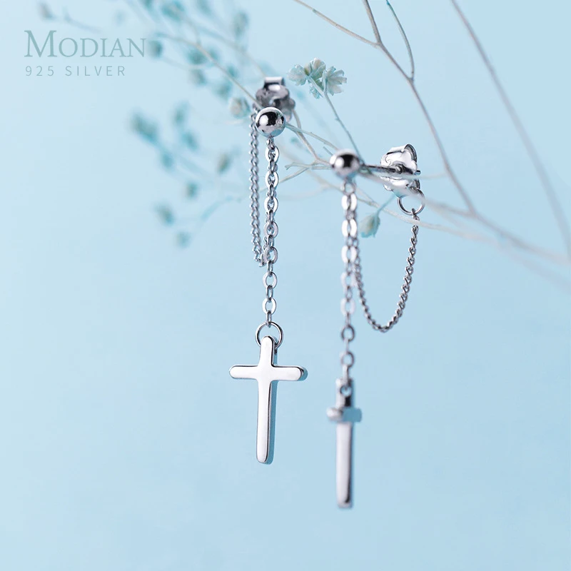 Modian Fashion Long Tassel Cross Drop Earrings Elegant Charm 925 Sterling Silver Swing Dangle Ear For Women Bead S925 Jewelry | Украшения и