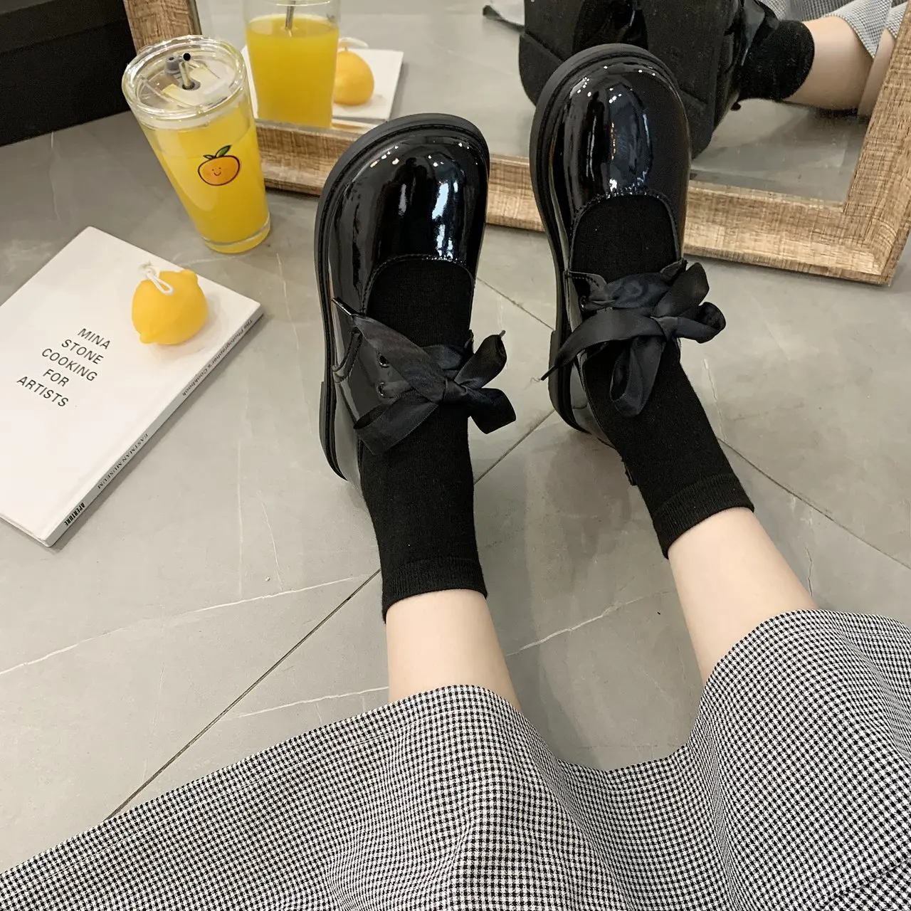 

Casual Woman Shoe Round Toe Autumn Soft British Style Oxfords Summer New Fall Nurse Preppy Leather PU Fabric Lace-Up Rubber Slip