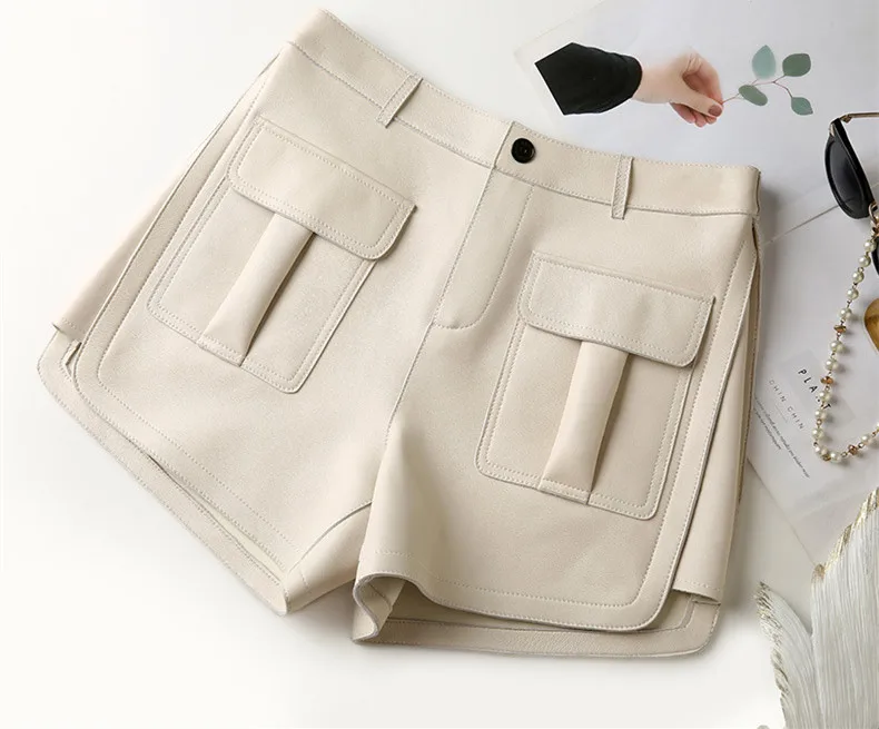 Korean style Women High quality Genuine Autumn high-rise leather wide-leg shorts C747