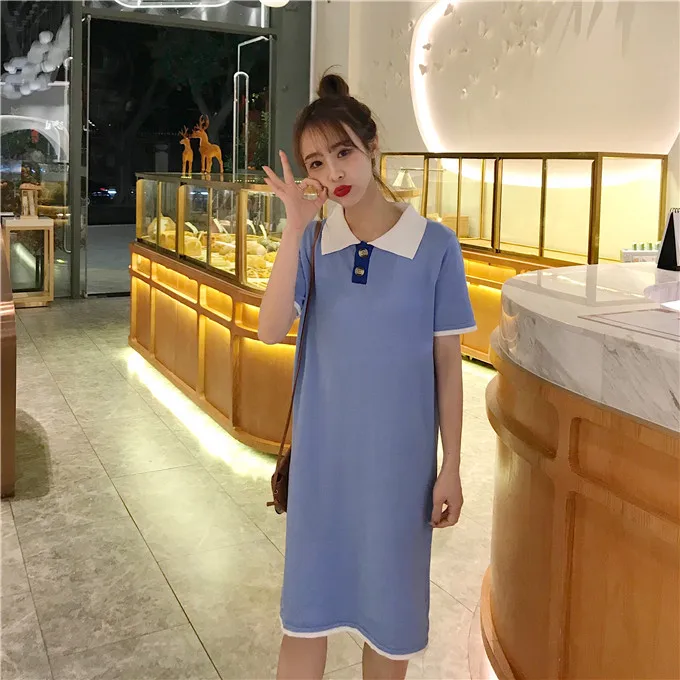 

2020 New Korean Polo Polo Polo Short Sleeve Academic Color Matching Two Button Small and Fresh Medium Long Knitting Dress Trend