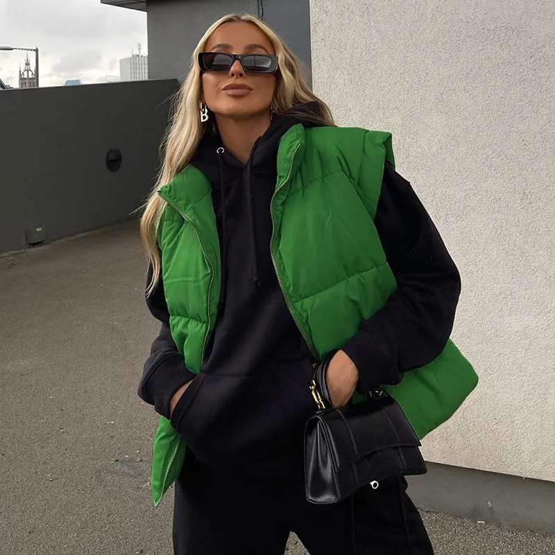 

Модный осенне-зимний новый хлопковый жилет, женский однотонный жилет с воротником-стойкой и молнией, свободная универсальная теплая куртка...