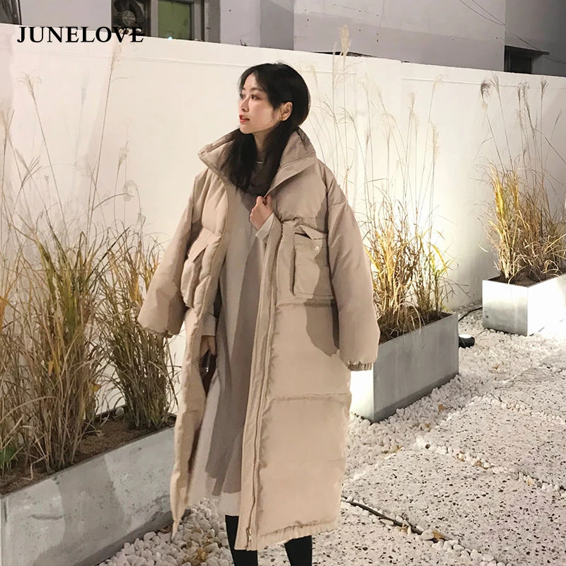 

JuneLove Women's Oversize Over Knee Long Warm Coat Vintage Winter Cotton-Padded Jacket Parkas Casual Korean Female Thick Outwear