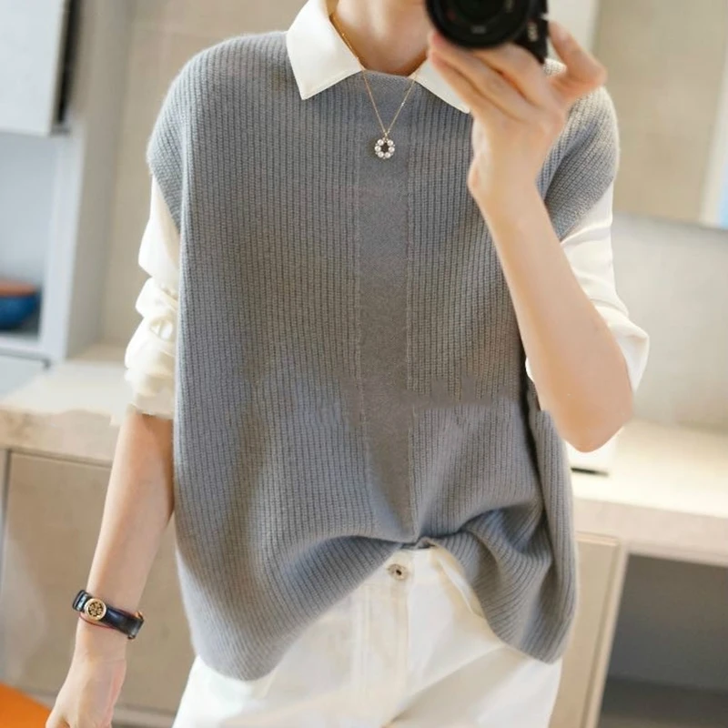 

Ladies wool blend knitted vest round neck sleeveless warm wool casual women's vest autumn and winter new plus fat large size
