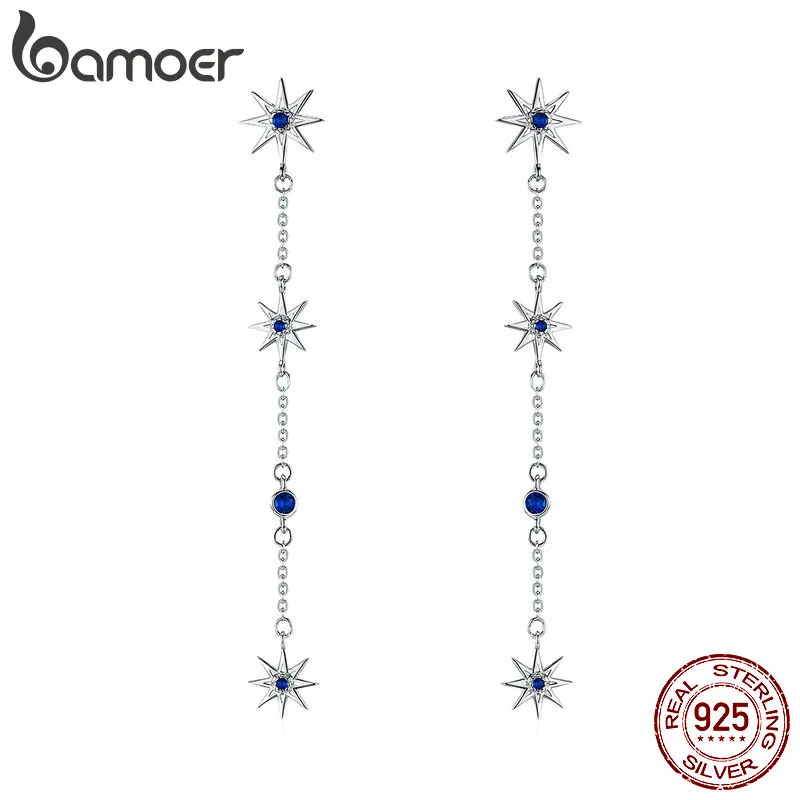 BAMOER, модные, 925 пробы, серебряные, сияющие звезды, прозрачный циркон, длинная цепочка, висячие серьги для женщин, свадебные серьги, ювелирные изделия BSE060