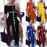 women fashion print short sleeve off shoulder ladies casual party beach elastic dress plus sizes