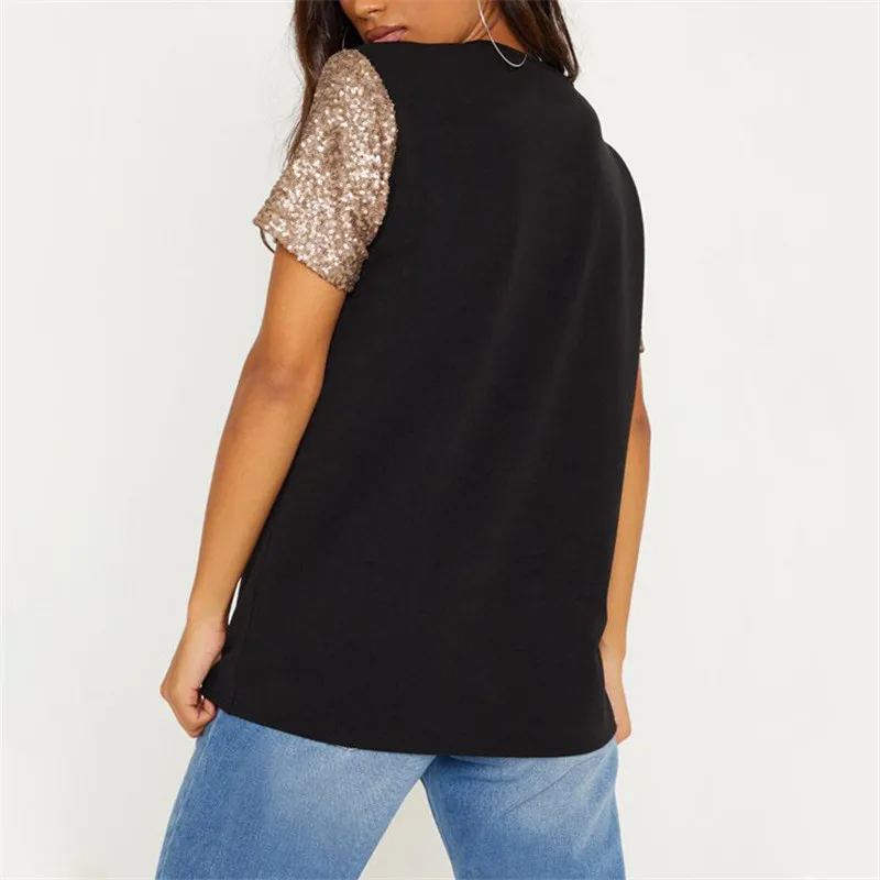 Женские топы и блузки летние модные черно-белые футболки с блестками одежда