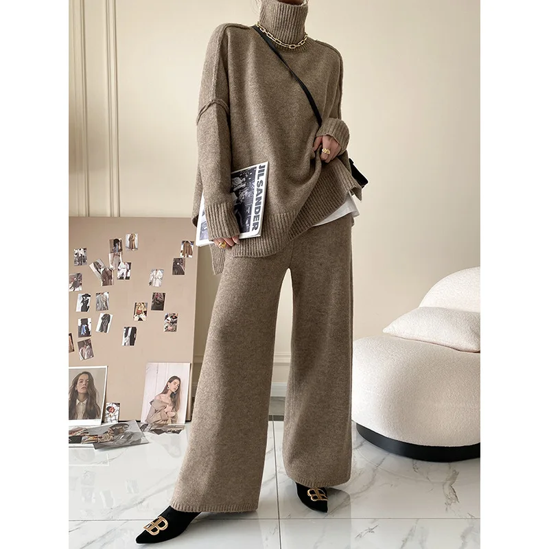 Enlarge New Pullovers Knitting Loose Half Turtleneck Jumper +  Wide Leg Trouser Pants Sweater Two Pieces Set Casual Outwear