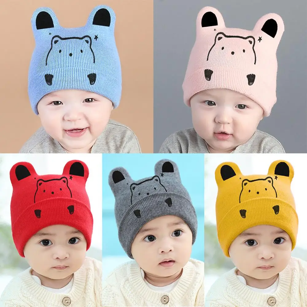 Шапка для малышек "Baby Girls Hat Newborn Beanie Warm Skullcap Knitted Bonnet Child Winter Kids Cute Infant Cartoon Solid Bear Caps on"