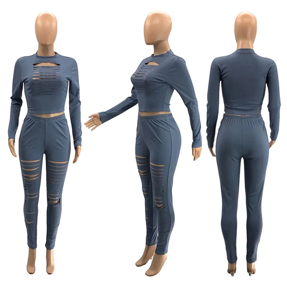 

Hole Bodycon 2 Piece Sets Women Outfits Crop Top and Pants Set Leggings Spring Fall Clothes for Women Matching Sets Sportwear