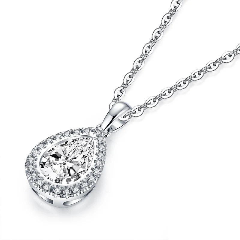 

ANZIW 2.0 Carats Pear Cut Halo Pendant for Women Simulated Diamond Teardrop Pendant Necklace 925 Sterling Silver Chain 18''