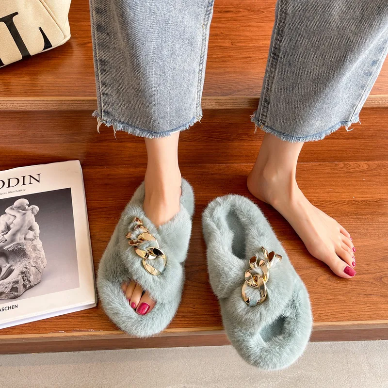 

Women Fur Slippers Home Trend Chain Design Cross Upper 2021 Winter Solid Color Bedroom Living Room Faux Fur Warm Flat Slippers