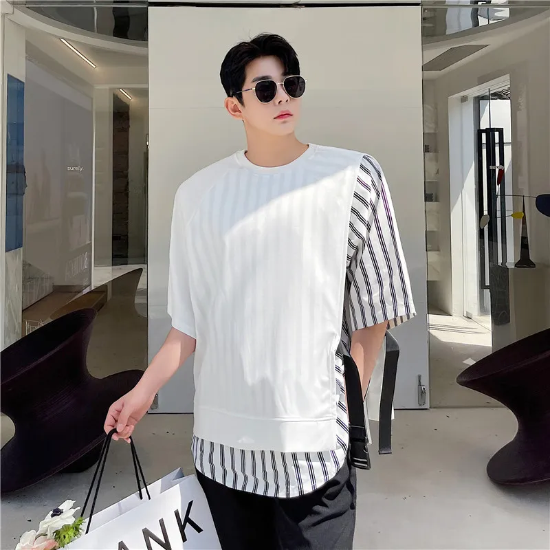 

Summer 2021 New Fashion Personality Design Fake Two-piece Side Buckle Raglan Sleeve Short Sleeve T-shirt Loose Casual Tops