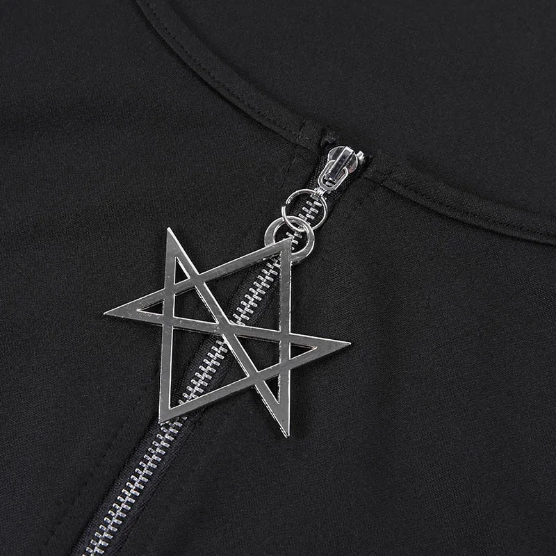 

Dark Summer Women Black Crop Tops Star Zipper Short Sleeve Gothic Tops Solid Basic Lady Short Tshirts Casual Bodycon Female Tops