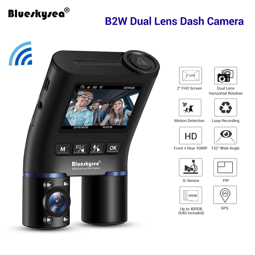 Видеорегистратор Blueskysea с двумя объективами Sony IMX307 4 инфракрасных светодиода B2W Wi