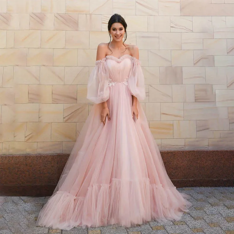 

Puffy Sleeve Prom Dresses 2022 Sweetheart Appliques Pleat Ruched Floor Length Elegant Party Evening Gown A-Line Sweep Train