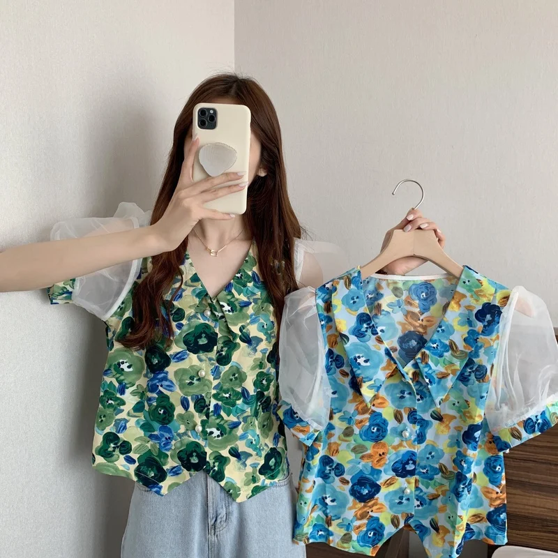 

Women's V-neck Floral Short Sleeve Chiffon Shirt Women's Summer New Korean Slim Top