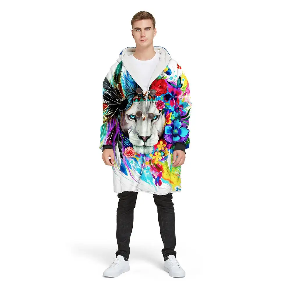 

3D принт льва с капюшоном Одеяло Теплый Флис плюшевое одеяло с рукавами, зимний диван носимое пальто на пуговицах куртка с карманом Толстовк...