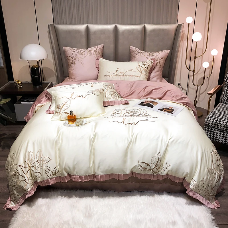 

Luxury White Tencel Golden Rose Embroidery Bedding Set Satin Duvet Cover Set Bed Linen Pillowcases Home Textile King Queen Size