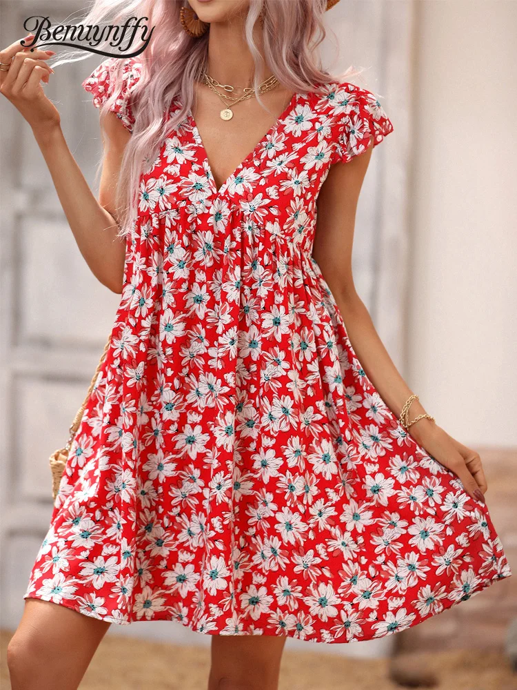 

Benuynffy Floral Print V-neck Loose Boho Dress Women Casual Summer Holiday Butterfly Sleeve Female Ruffled Mini Dresses 2022