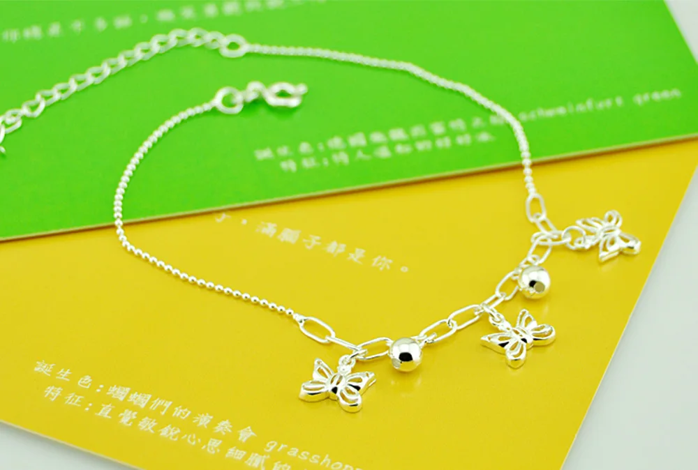 Маленький браслет на ногу с круглыми бусинами и бантом. Браслет из серебра 925