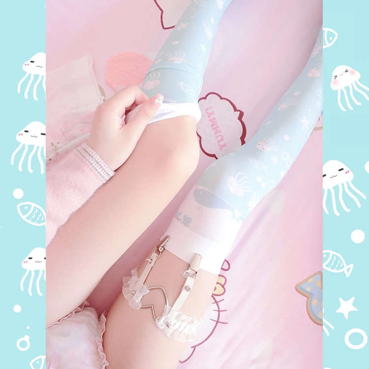 Lolita Stocking The songs of the Deep Sea Summer Cool Refreshing jellyfish Print knee high socks Japanese Anime Cosplay | Тематическая