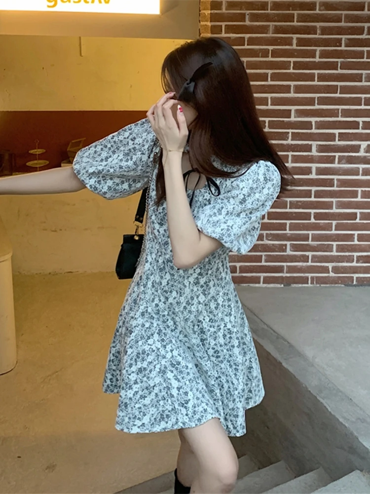 

Fashion Neck Casual Women Dress Lantern Short Sleeve Solid Mini Dress Ladies Elegant Summer Dresses 2021