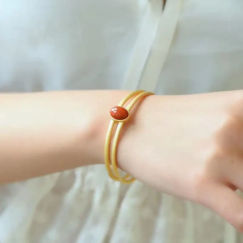 

New 925 Silver Inlaid South Red Bracelet Ancient Gold Gilding Craft Simple Fashion Gift