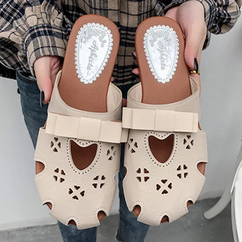 beige GRITION/пляжные женские сандалии; модные летние шлепанцы; женские сандалии на плоской подошве с закрытым носком; женская Повседневная Удобная обувь с бантом - Цвет: beige