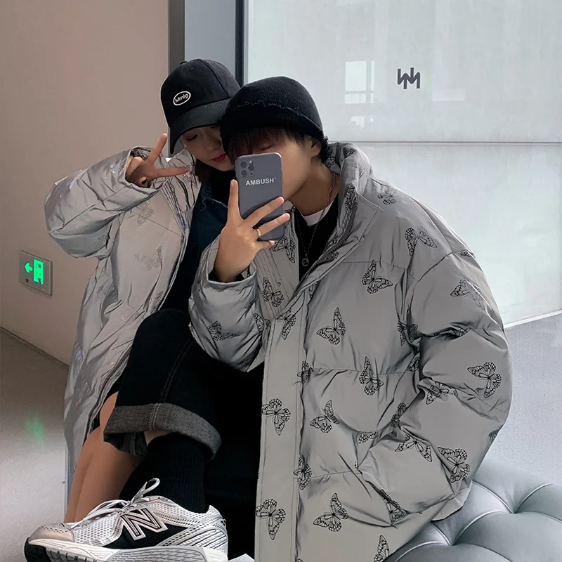 

Streetwear Korean Winter Men/Women Reflective Down Jackets Butterfly Thick Cotton-padded Couple Clothes Coated Warm Loose Jacket
