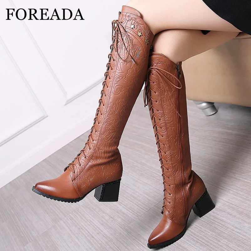 

FOREADA Real Leather High Heel Woman Boots Lace Up Thick Heel Long Boots Pointed Toe Knee High Boots Zip Rivet Ladies Shoes 42
