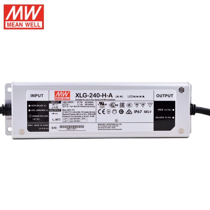 MEAN WELL XLG-240-H-A 240W 27-56V 4,28~ 6.66A CC mode светодиодный драйвер, светодиодный источник питания, регулируемый
