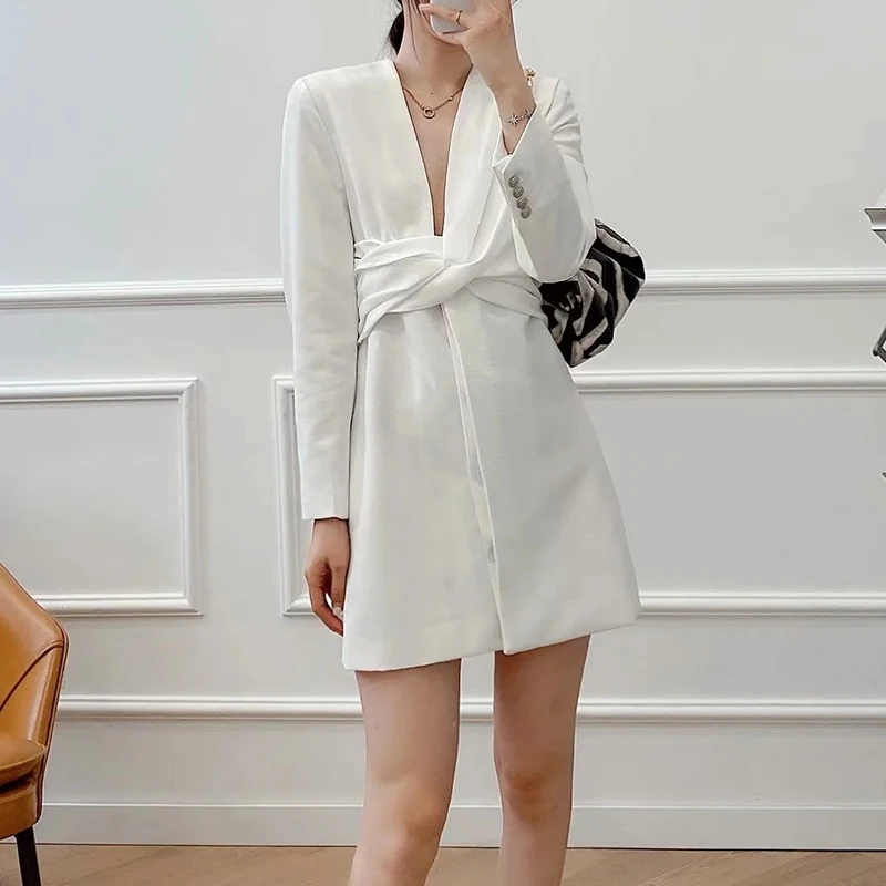 

Spring Autumn Solid Color Ins Lightly Mature Deep V Neck Knot Design Pleated Long Sleeve Suit Skirt A Line Dress Women Clothes