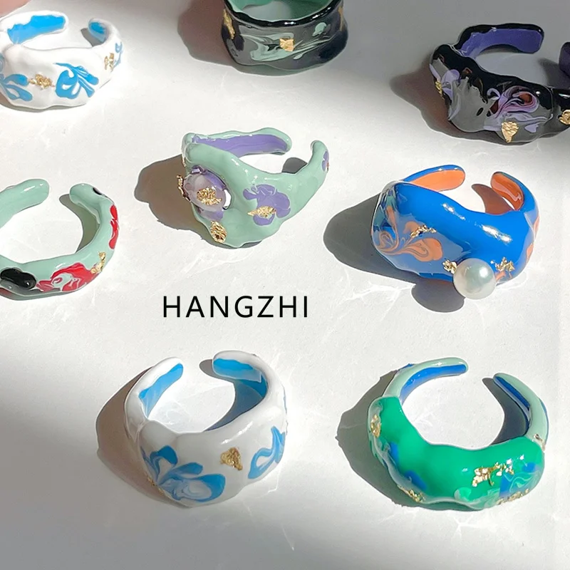 

HANGZHI 2021 New Trendy Classic Color Handmade Drip Glaze No Fade Opening Rings for Women Girls Party Cool Fashion Jewelry Gifts