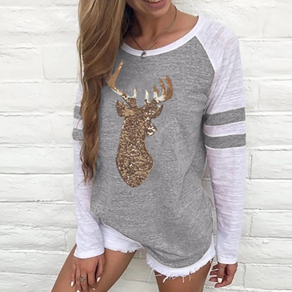 Женская рождественская Футболка с принтом лося размера плюс рождественские топы
