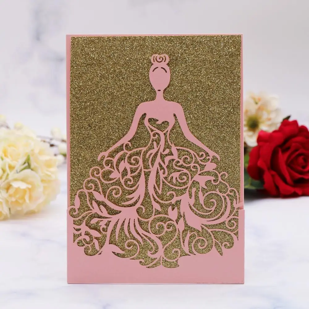 

50PCS/LOT Litter Girl Wedding Invitation Card Bridal Shower Engagements Ceremony Celebration Hollow Laser Cut