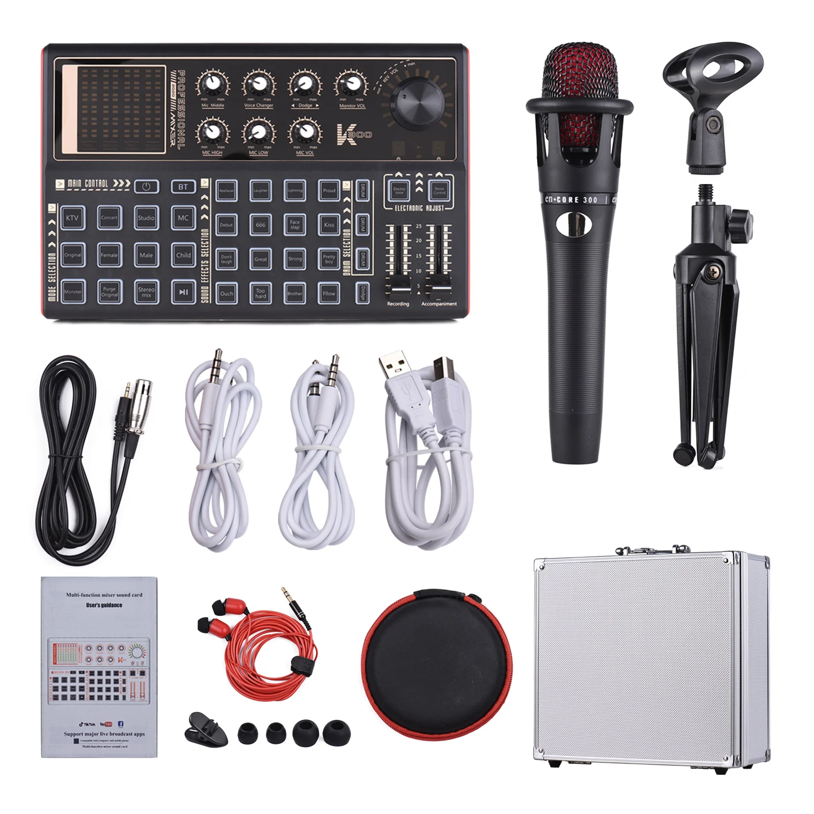 

Muslady K300 Live Sound Card External Voice Changer Audio Mixer Kit Built-in Rechargeable Battery Multiple Sound Effects