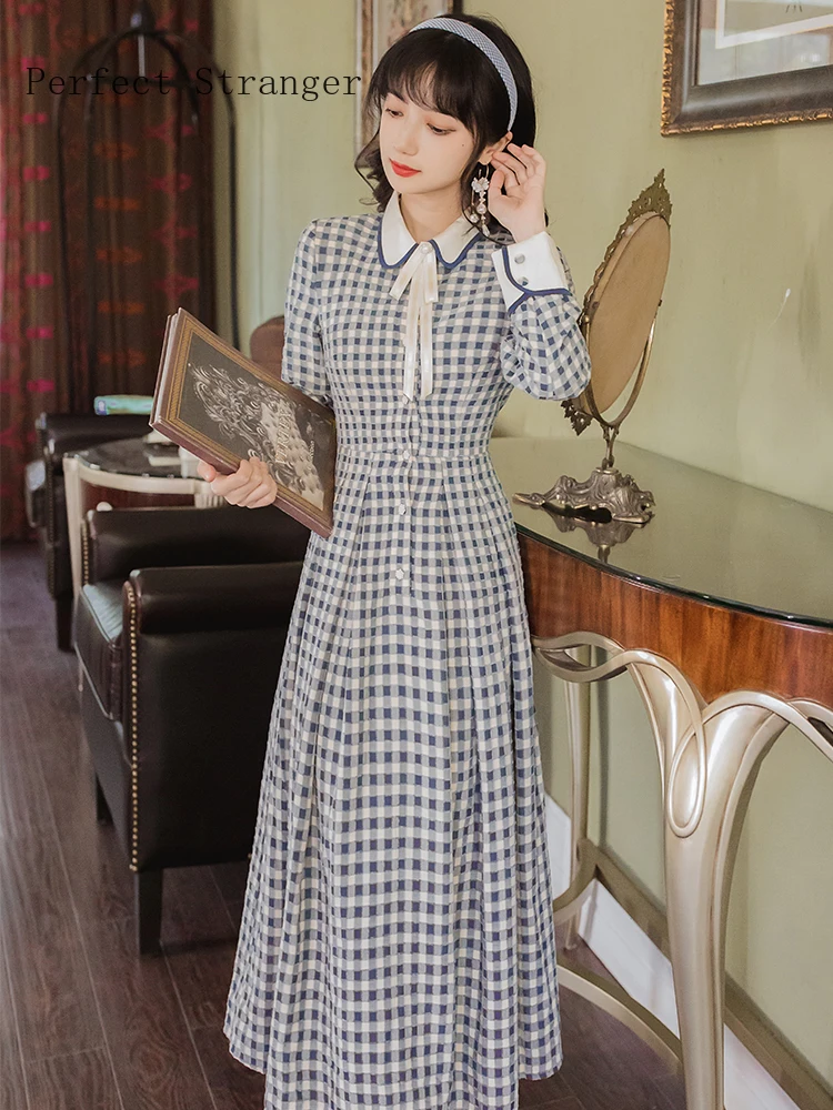 

2020 Autumn Winter New Arrival High Quality Retro Hot Sale Peter Pan Collar Plaid Long Sleeve Women Long Cotton Dress